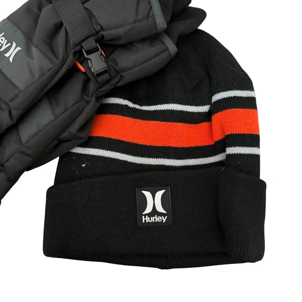 Hurley Youth Beanie and Ski Glove Size L 2-pc Set Reflective Black Orange NWT
